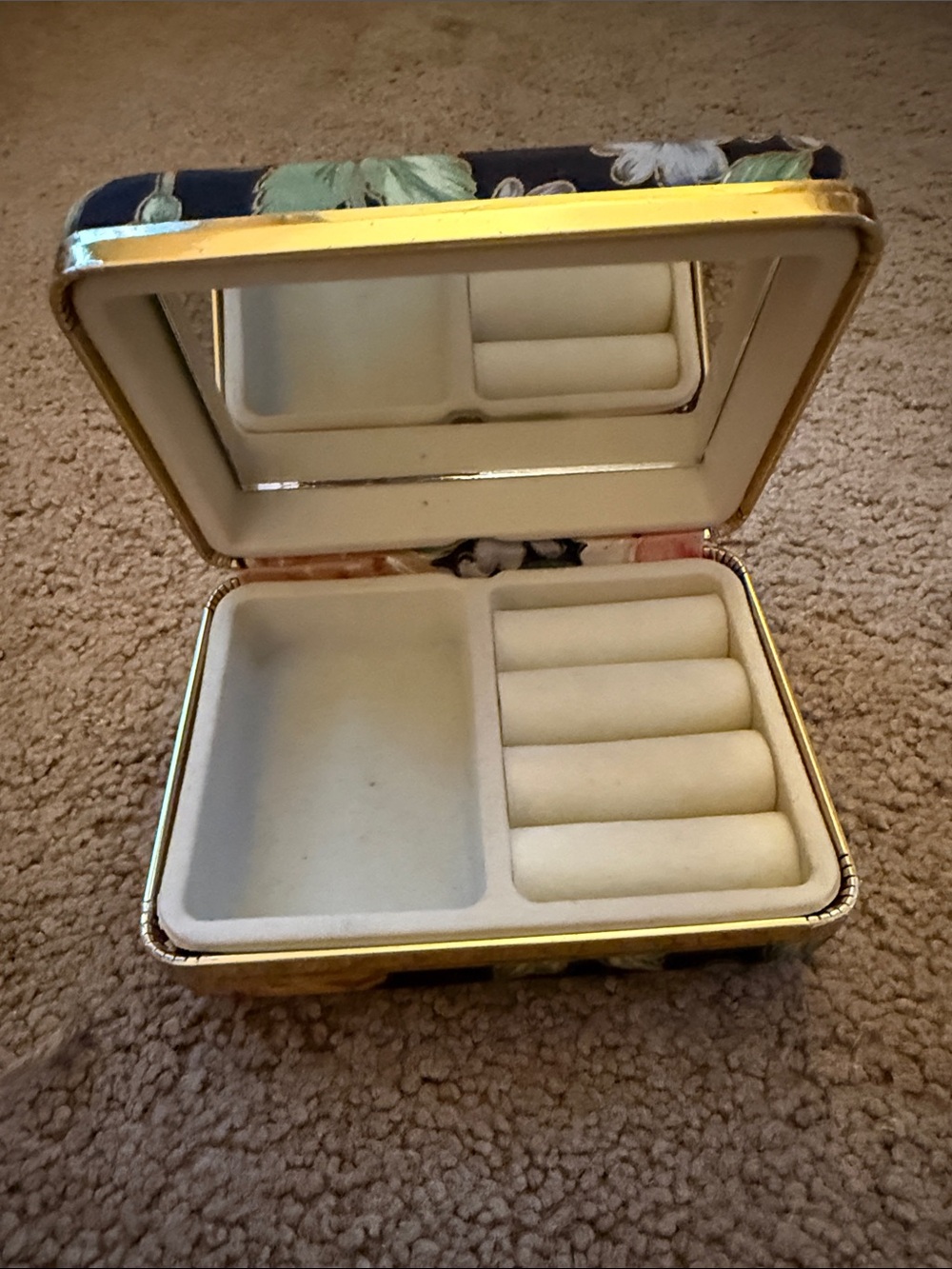 Floral Jewelry Organizer Box with Mirror - Cream Interior, Gold Trim